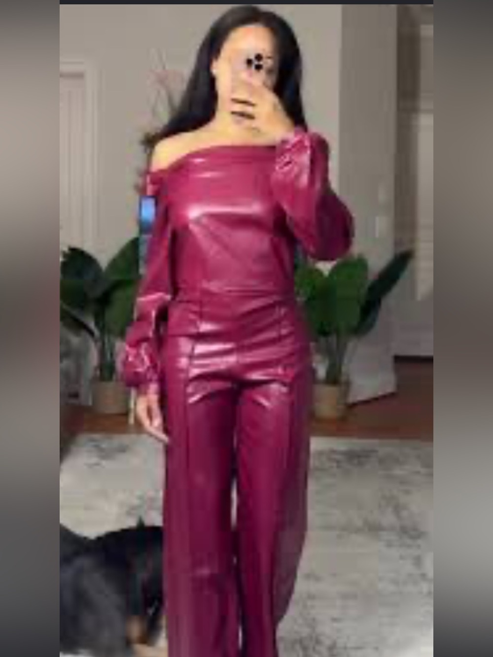 Faux Leather 2 piece in Berry burgundy faux leather wide-leg